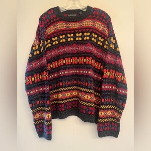 Structure Ramie Cotton Red and Yellow Crew Neck Sweater with Vibrant Patterns L